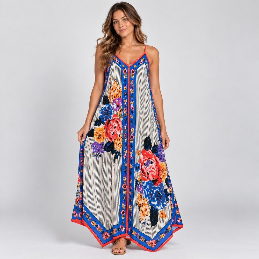 Flying Tomato Floral Striped Handkerchief Hem Scarf Dress Blue Red Medium